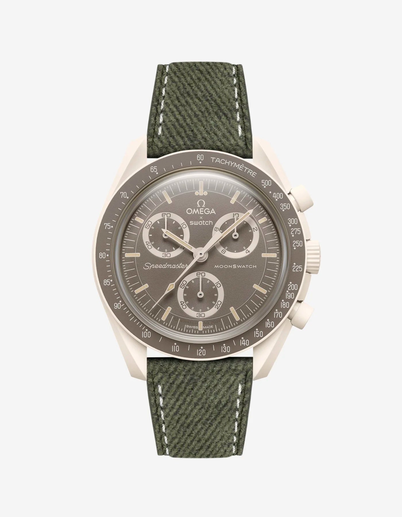 Military Green Denim leather strap mounted on Omega x Swatch MoonSwatch Mission on Earth Desert – product image