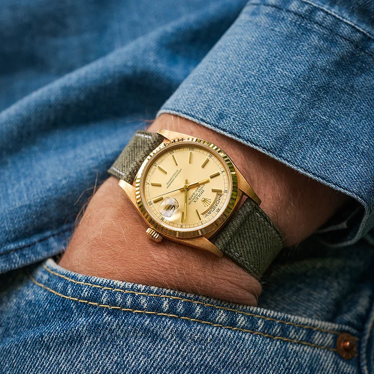 Military Green Denim Watch Strap on gold Rolex Datejust – wrist shot with denim shirt and casual styling