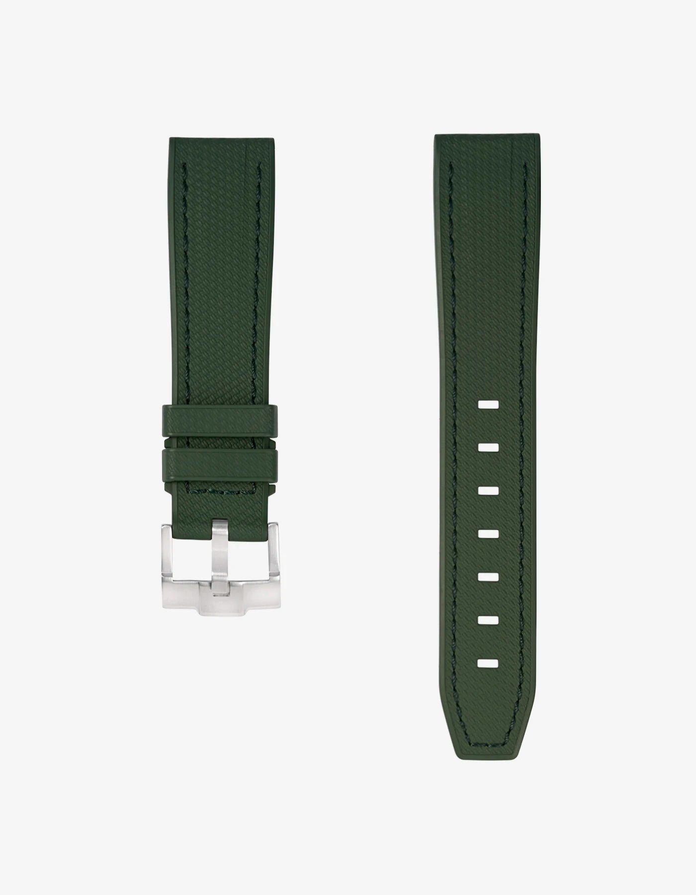 Military green FKM rubber strap for Jaeger LeCoultre Reverso 20mm with polished buckle, flat lay product image