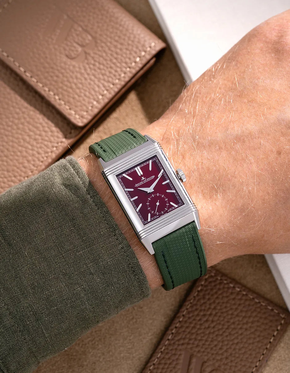 Military green FKM rubber strap for Jaeger LeCoultre Reverso 20mm shown on wrist with polished buckle