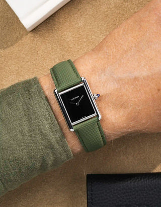 Military green rubber sailcloth leather strap worn on Cartier Tank Must with black dial – 19mm compatible