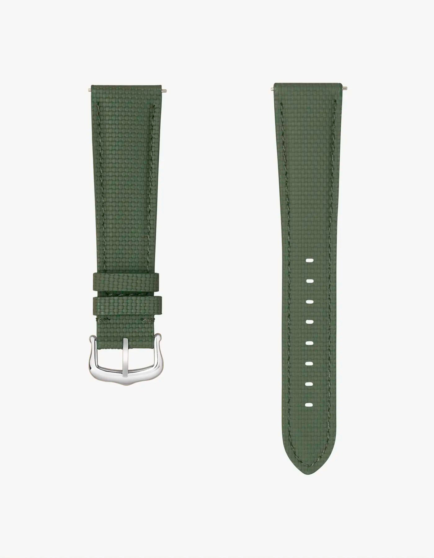 Military green rubberised sailcloth leather watch strap – flat lay with quick-release buckle for 19mm or 20mm watches