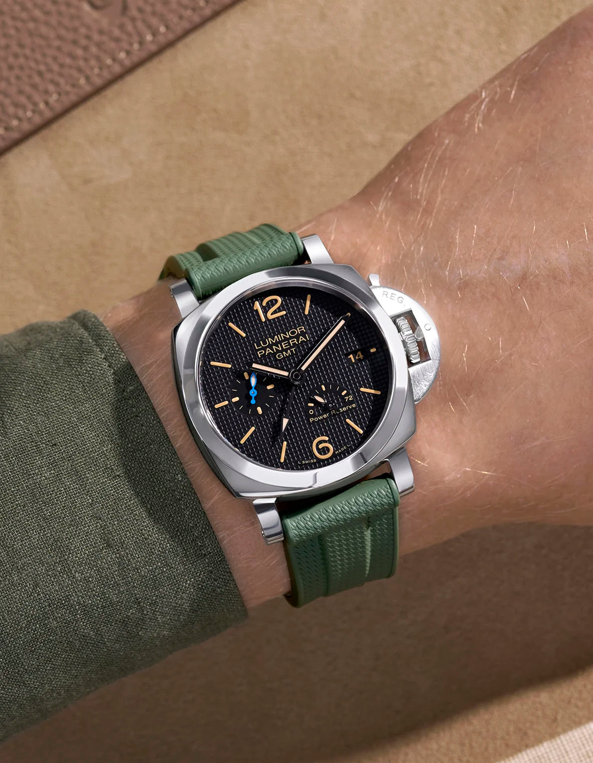 Wrist shot of military green rubber strap with Vertech pattern on Panerai Luminor GMT – compatible with 22mm, 24mm, and 26mm sizes