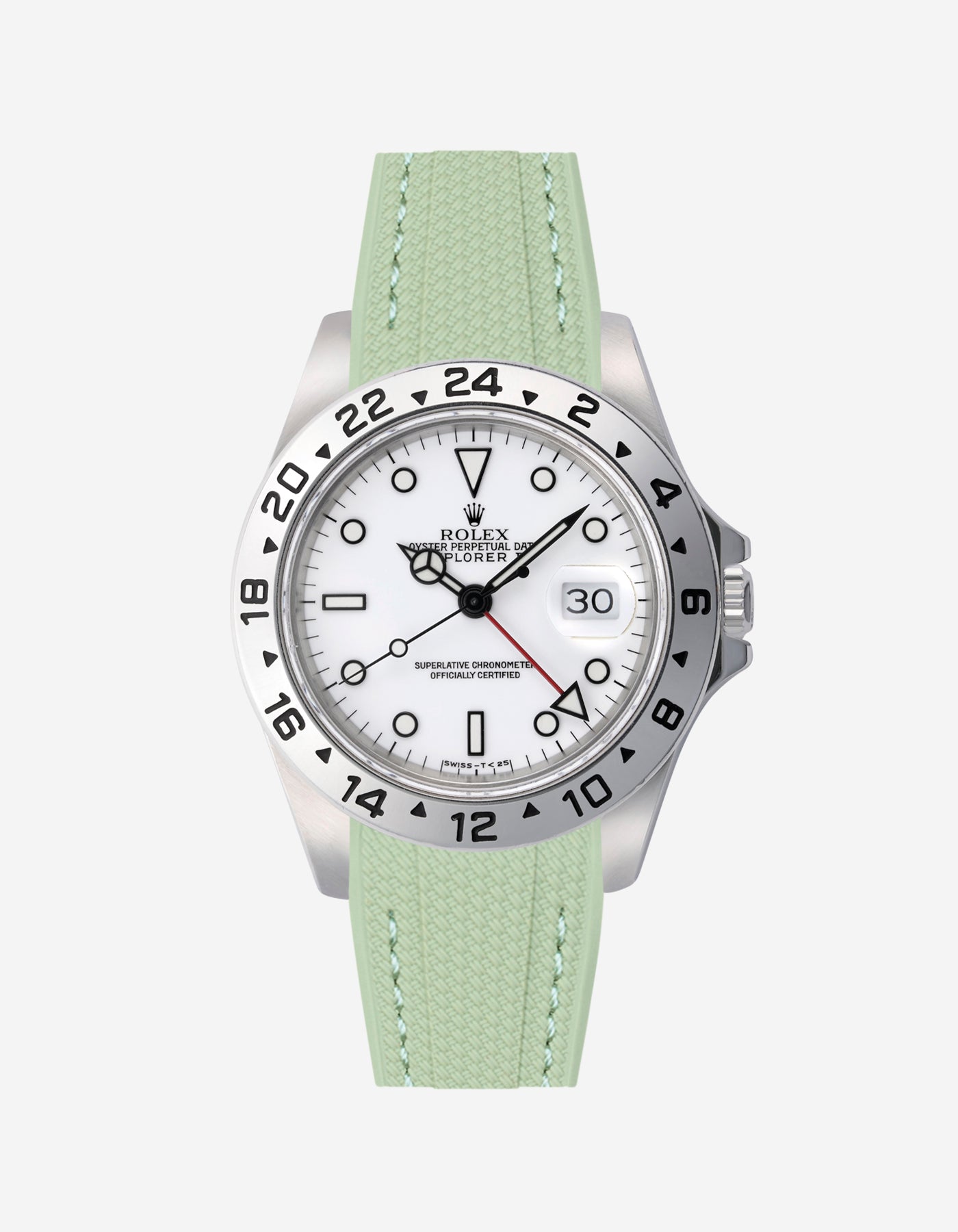Rolex Explorer 16570 watch with white dial and on a mint green vertech rubber watch strap with gray background