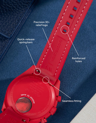 rubber strap for MoonSwatch 1965 – Vertech Red with white stitching back showing USP features and seamless transitiona
