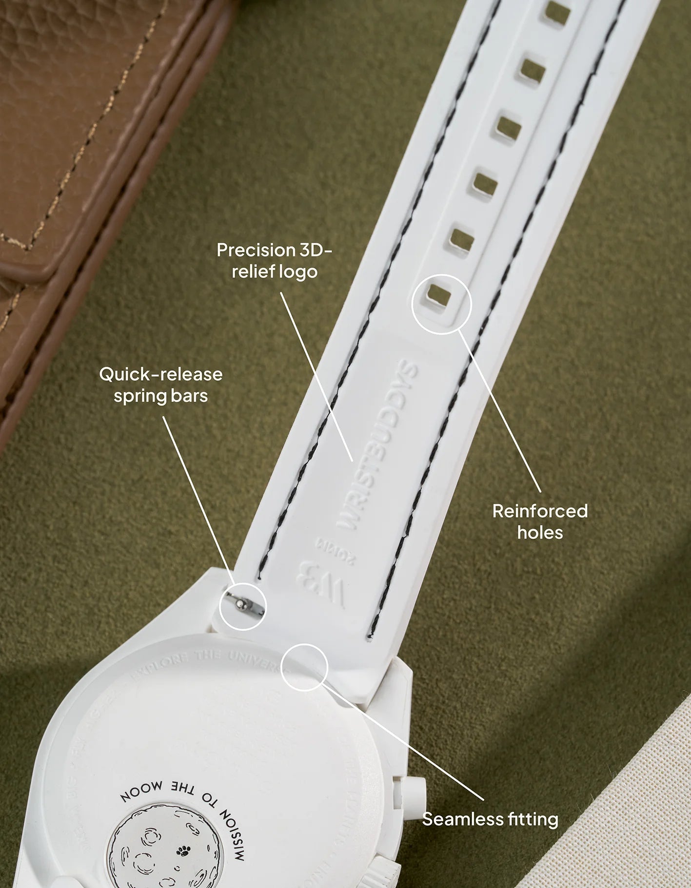 rubber strap for MoonSwatch 1965 – Vertech White with black stitches back with precision 3D-relief logo and seamless fitting