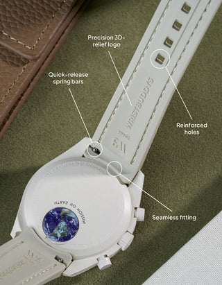 Beige Vertech rubber strap for MoonSwatch Mission on Earth Desert – seamless fitting, reinforced holes and spring bar system.