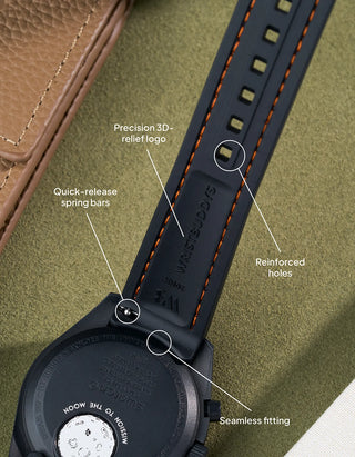 Black rubber strap with orange stitching for MoonSwatch Mission on Earth Lava – quick-release bars, seamless fit and precision 3D-logo.