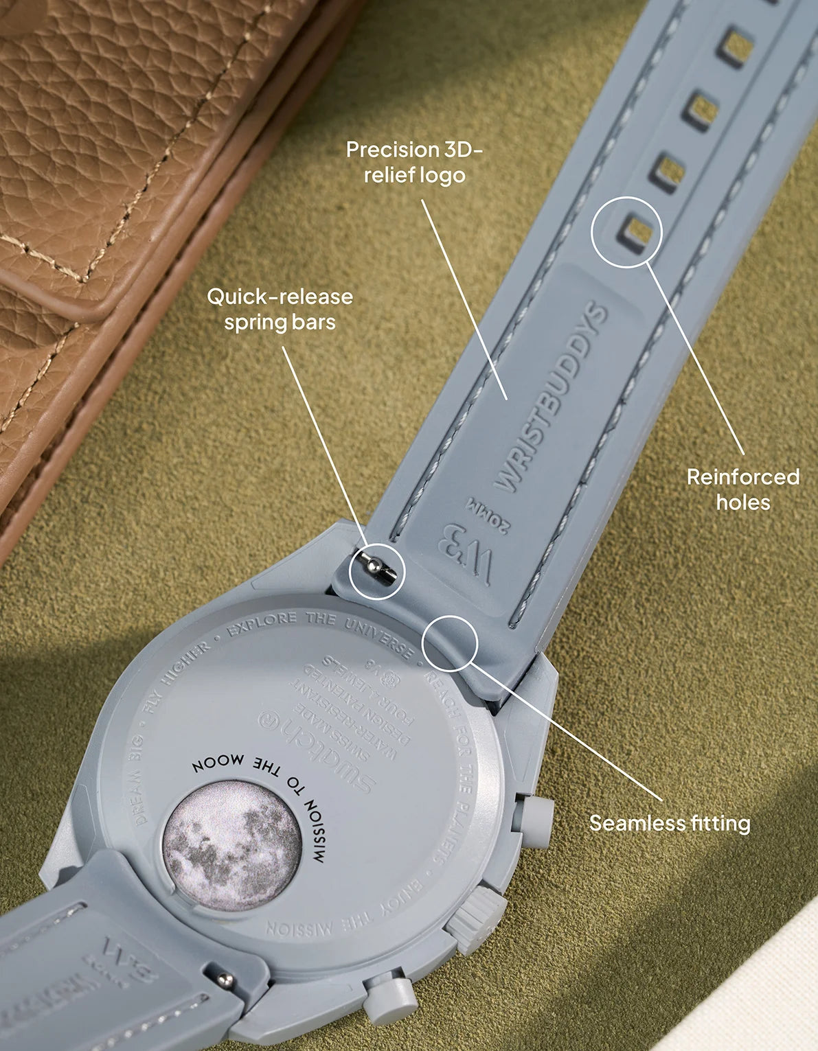 Vertech Dark Grey rubber strap for MoonSwatch Mission to Earthphase – back view with quick-release spring bars, precision logo, reinforced holes and seamless fit