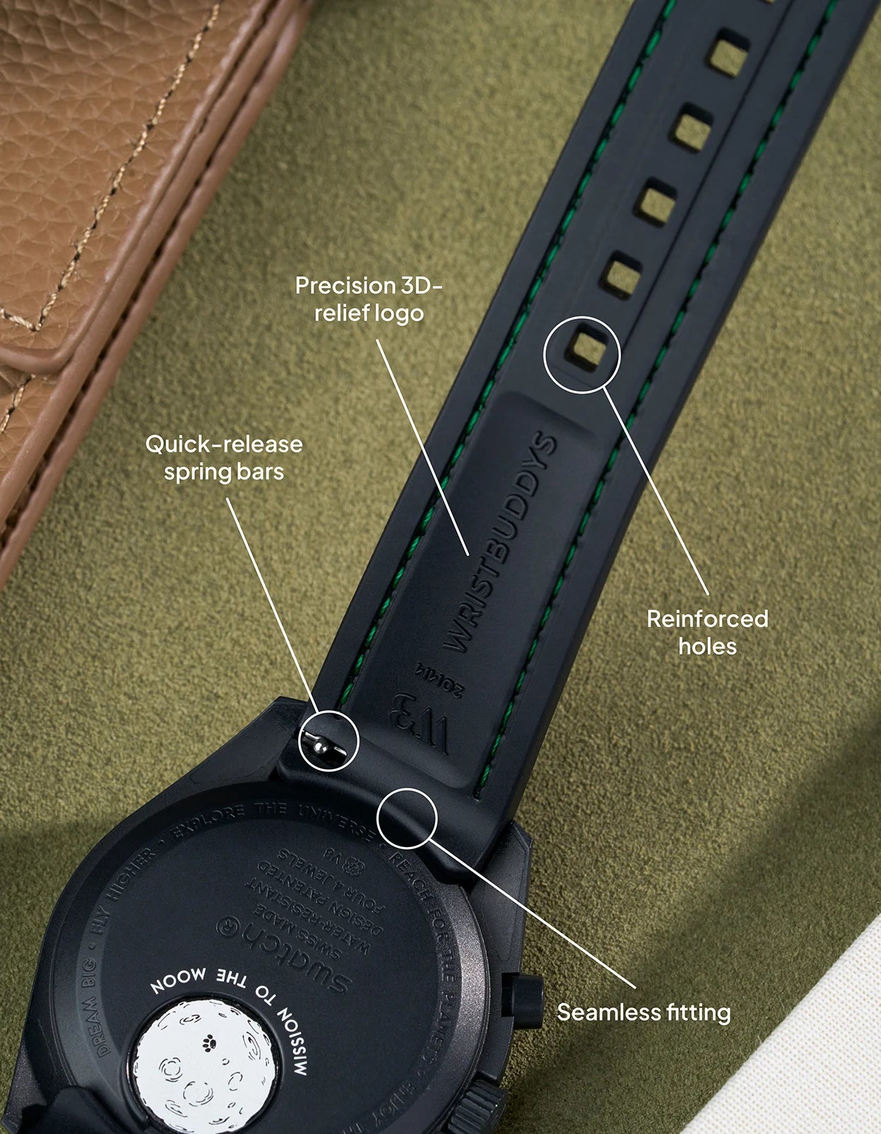 Black Omega x Swatch Mission to Mercury strap with green details, seamless fit and reinforced buckle holes.
