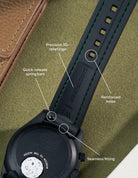 Black Omega x Swatch Mission to Mercury strap with green details, seamless fit and reinforced buckle holes.