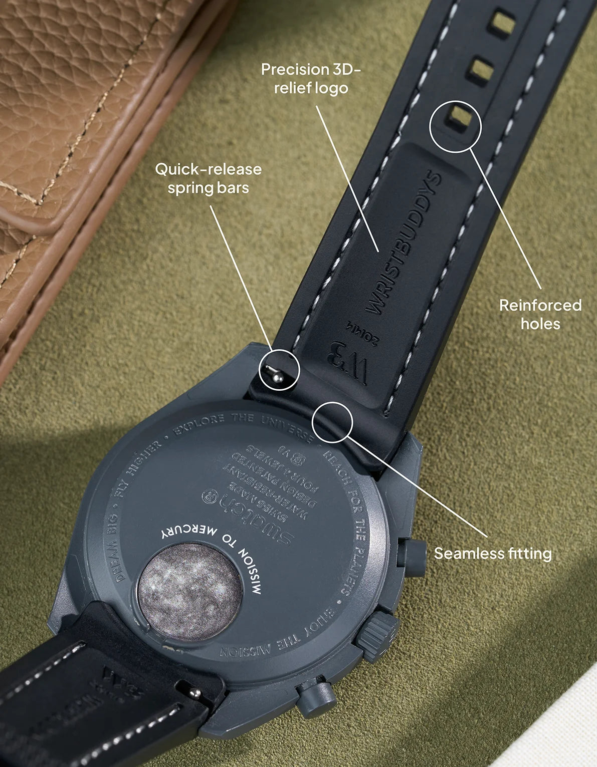 Rubber strap for MoonSwatch Mission to the Moonphase in Vertech Black with White Stitches, shown from the back with USP features