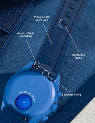 Dark navy blue strap for MoonSwatch Mission to the Moonphase, highlighting tight watch case fitting and reinforced details