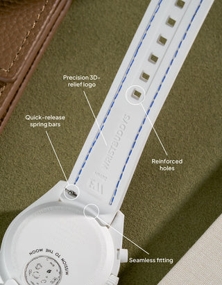 White strap with blue stitching for MoonSwatch Mission to the Moonphase, close-up of back side with quick-release mechanism and secure hole design