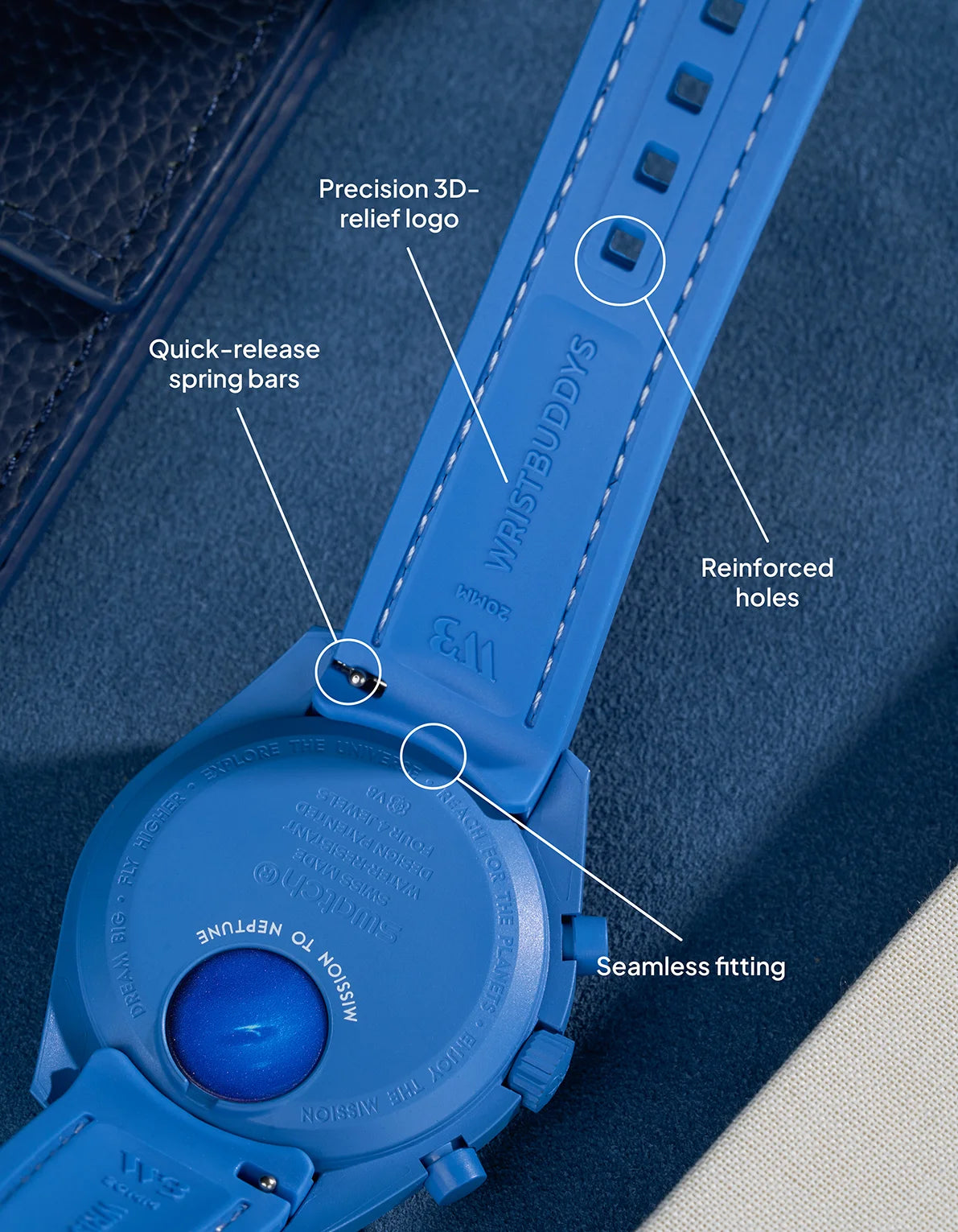 Vertech Neptune Blue rubber strap for MoonSwatch Mission to the New Moon – unique tone, 3D Wristbuddys logo and quick-release design.
