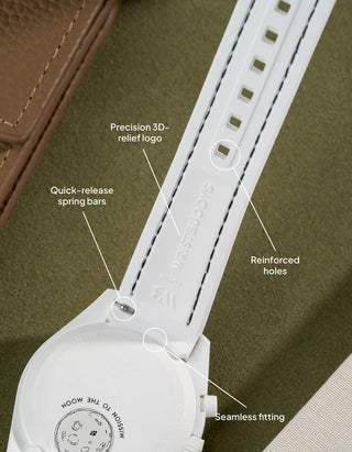 Vertech White rubber strap with black stitching for MoonSwatch Mission to the New Moon – designed for comfort, durability, and seamless fit.