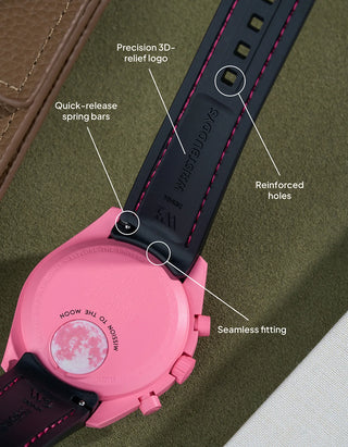 Black Vertech strap with pink stitching for MoonSwatch Pink Moonphase – precision logo, reinforced holes and secure fitting.