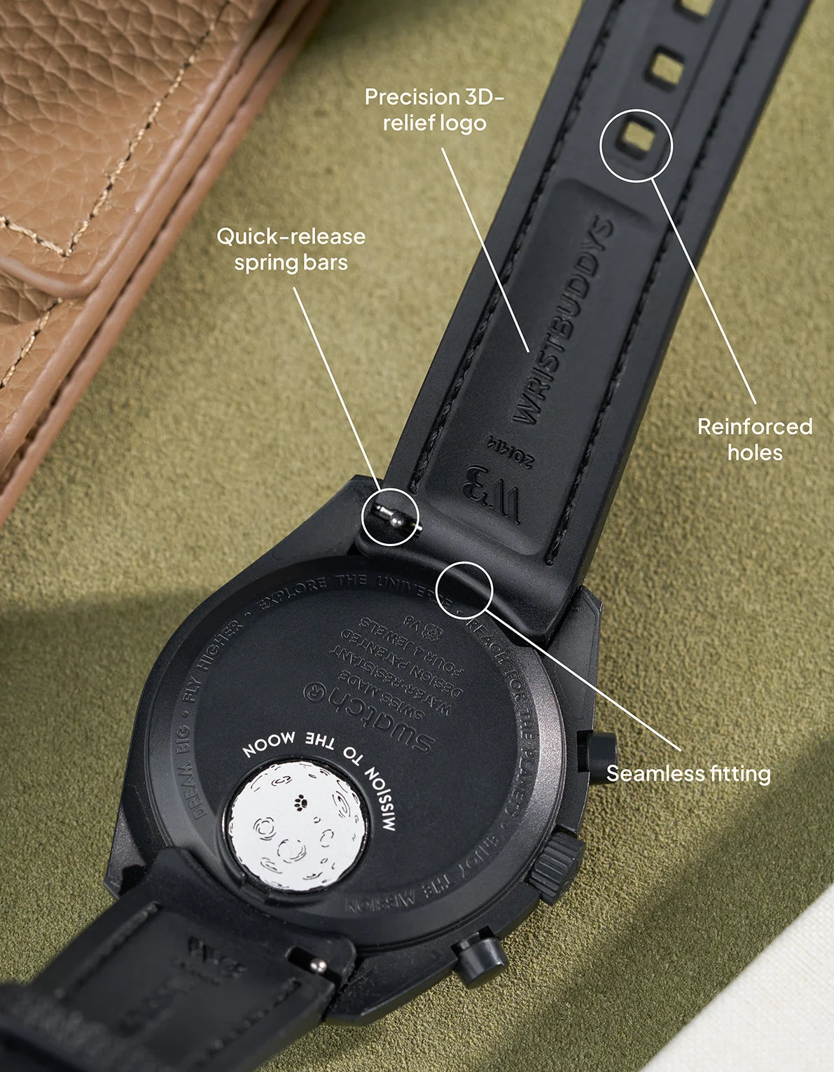 Black Vertech rubber strap for MoonSwatch Mission to the Pink Moonphase with reinforced holes, 3D-relief logo and quick-release design.