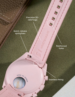 Pink Vertech rubber strap for MoonSwatch Mission to the Pink Moonphase with ergonomic design and secure spring bar release.