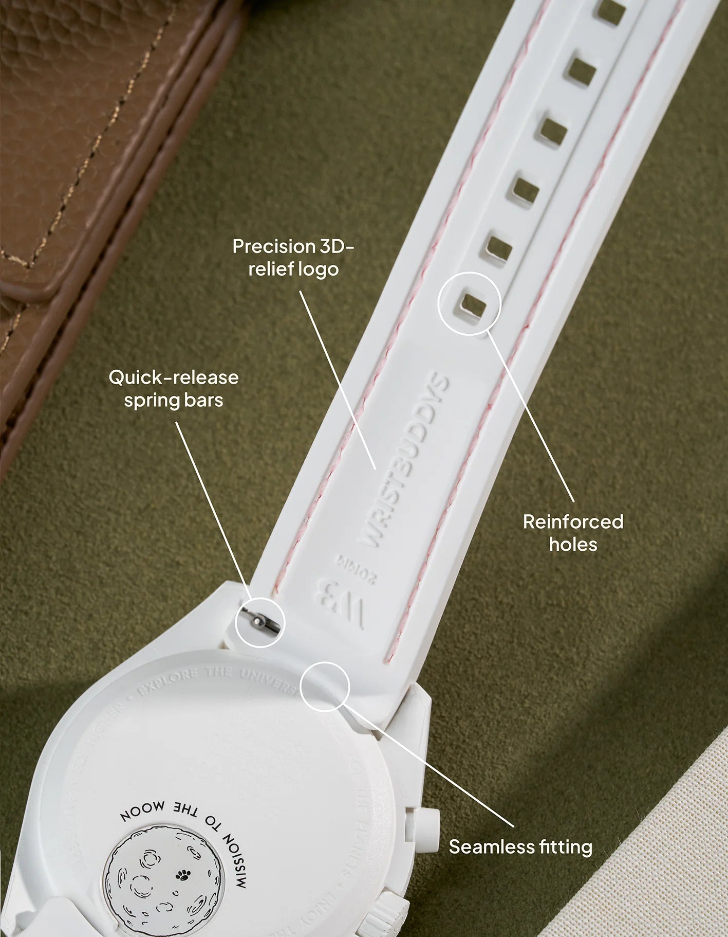 White rubber strap with pink stitching for MoonSwatch Mission to the Pink Moonphase – quick-release spring bars and seamless fit.