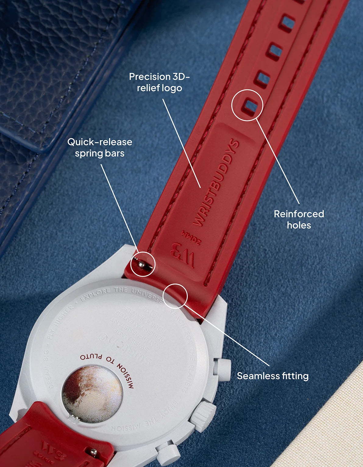 Burgundy Vertech strap for MoonSwatch Mission to Pluto featuring reinforced holes, 3D-relief logo and quick-release spring bars.