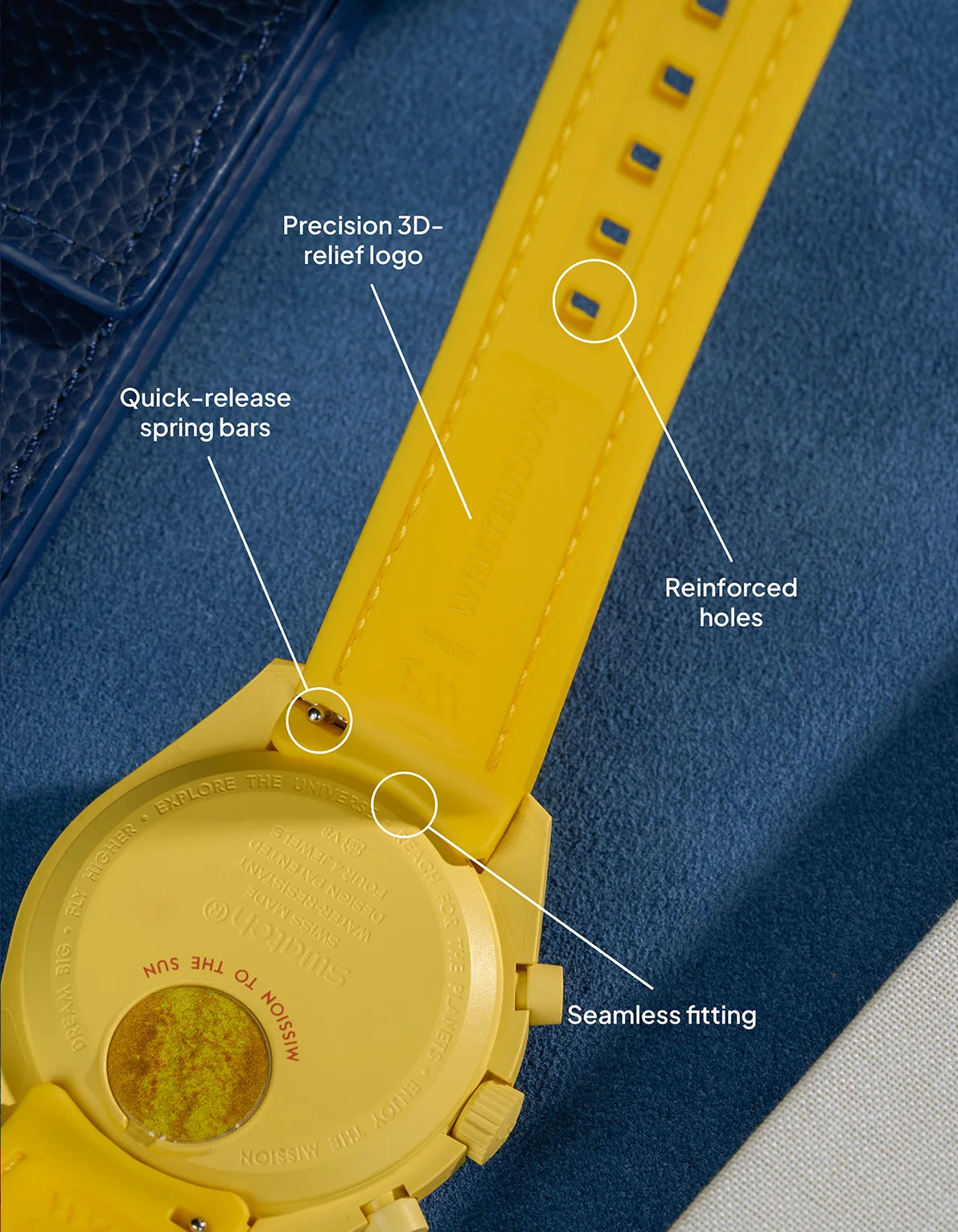 Yellow Vertech rubber strap for MoonSwatch Mission to the Sun featuring precision 3D-relief logo, seamless fitting and reinforced holes.