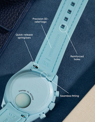 Turquoise Vertech rubber strap for MoonSwatch Mission to Uranus featuring reinforced holes, precision 3D-relief logo and quick-release spring bars.