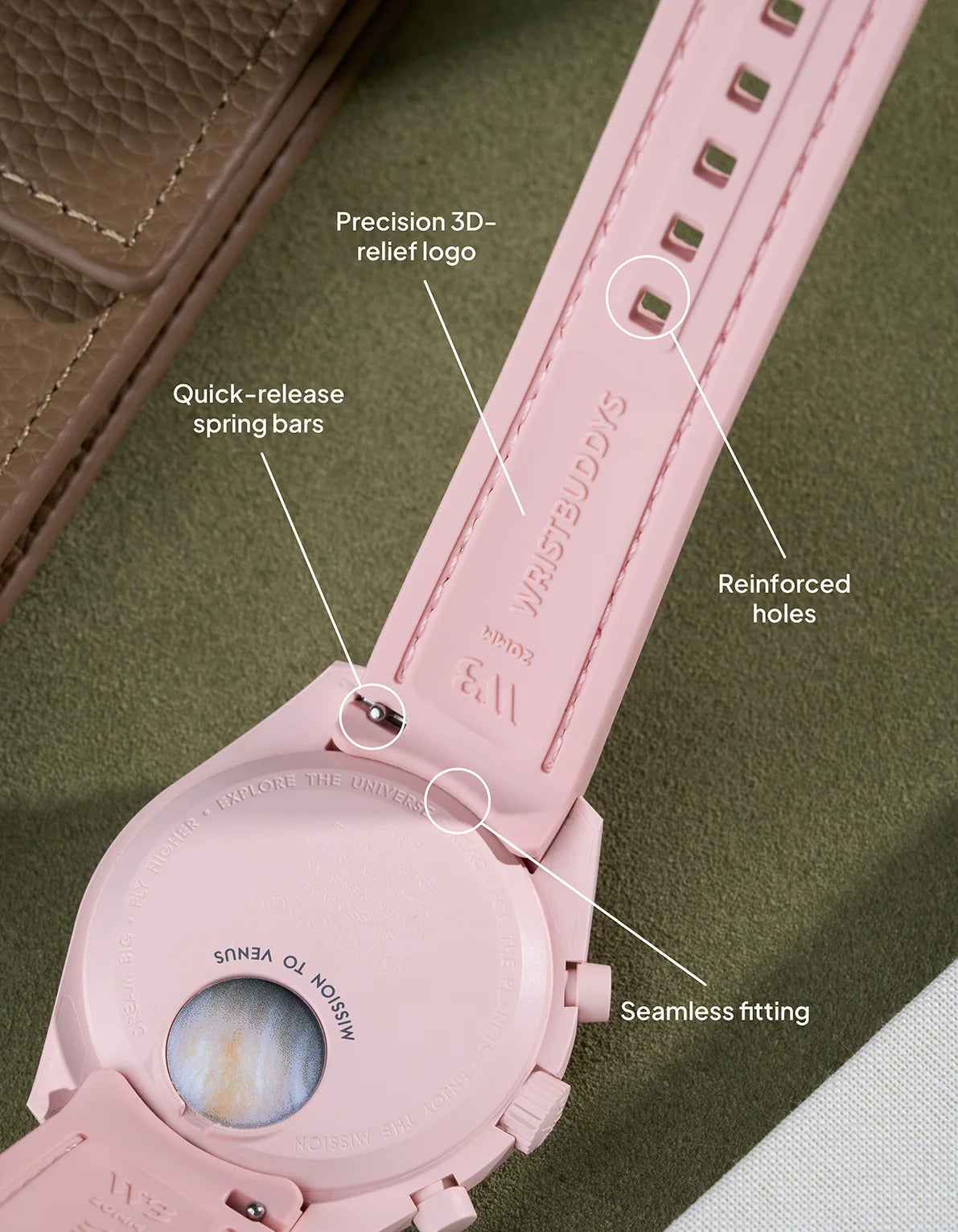 Pink Vertech rubber strap for MoonSwatch Mission to Venus featuring reinforced holes, quick-release spring bars and seamless case fitting.