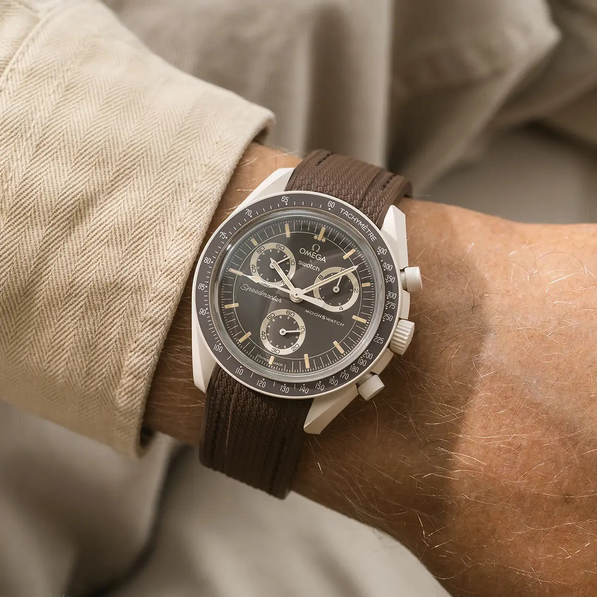 Brown Moonswatch strap wrist shot