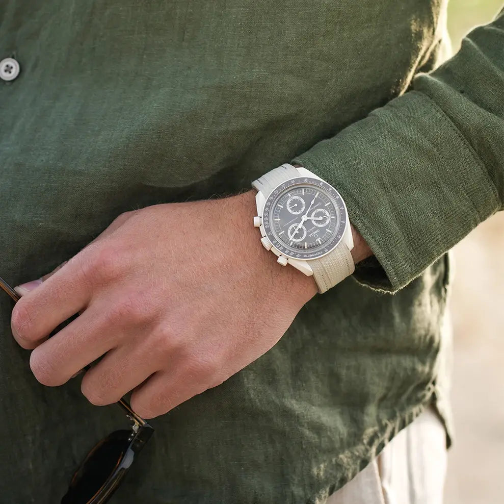 Beige Omega x Swatch MoonSwatch rubber strap from wristbuddys wrist shot
