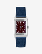 Navy blue Epsom leather strap mounted on Jaeger LeCoultre Reverso watch 20mm, front-facing on-watch product image