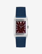 Navy blue Epsom leather strap mounted on Jaeger LeCoultre Reverso watch 20mm, front-facing on-watch product image
