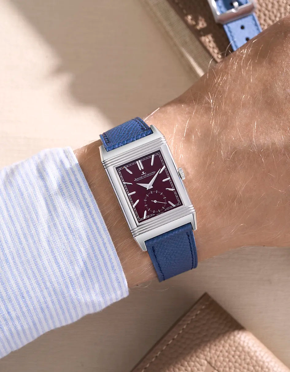 Navy blue Epsom leather strap for Jaeger LeCoultre Reverso 20mm shown on wrist