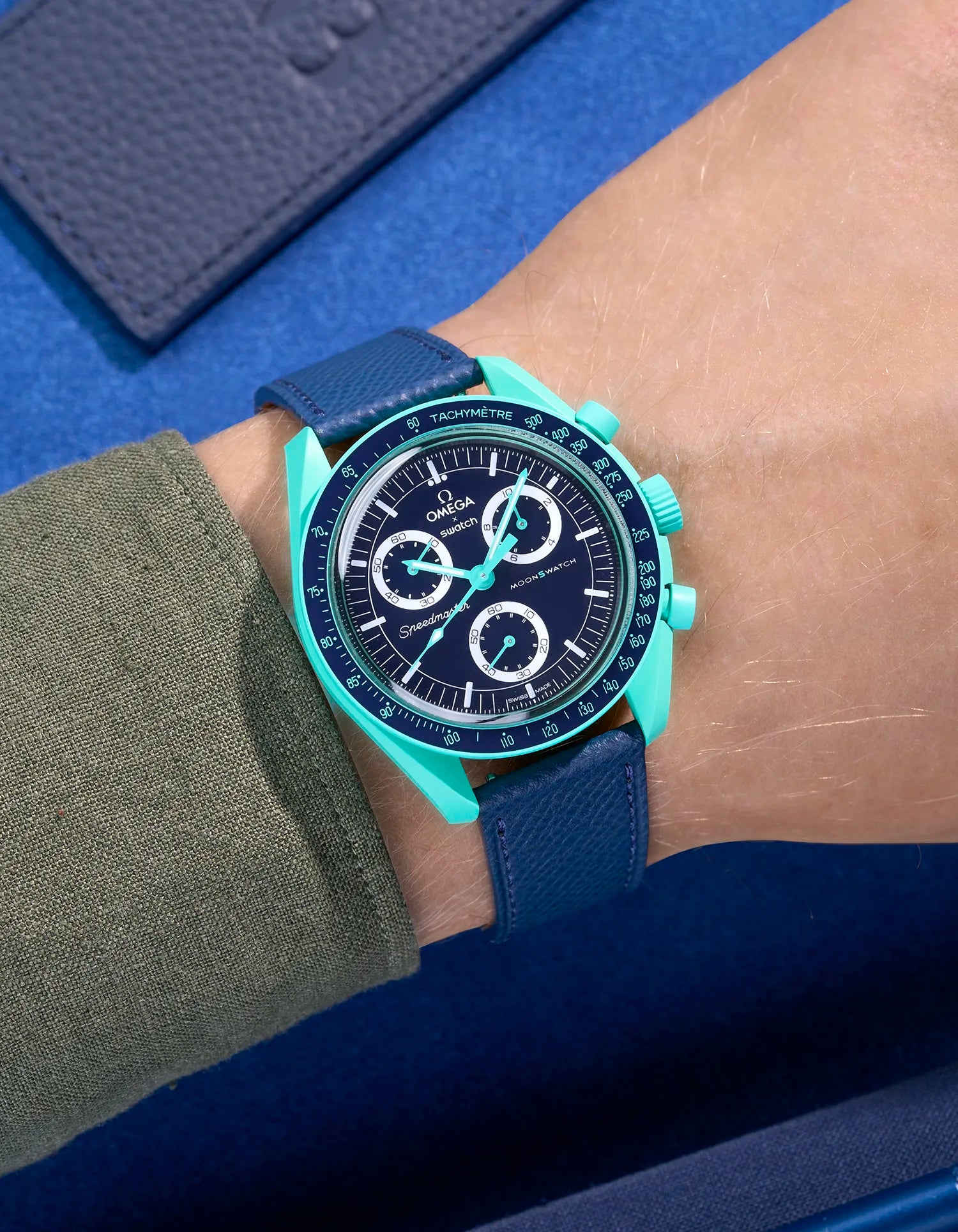 Navy Blue Epsom leather strap on Omega X Swatch MoonSwatch Mission on Earth Polar Lights worn on wrist