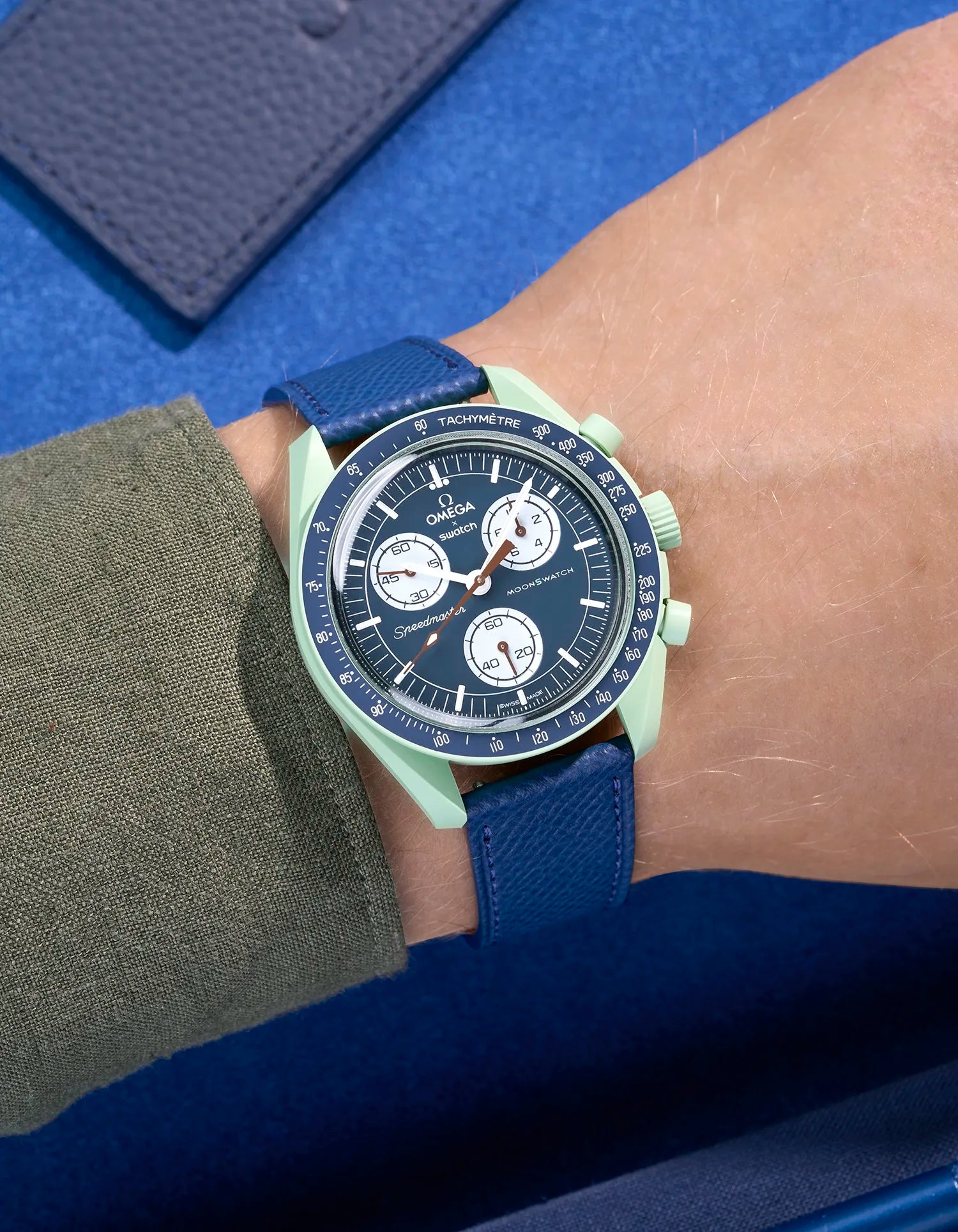 Navy Blue Epsom leather strap on Omega X Swatch MoonSwatch Mission on Earth worn on wrist