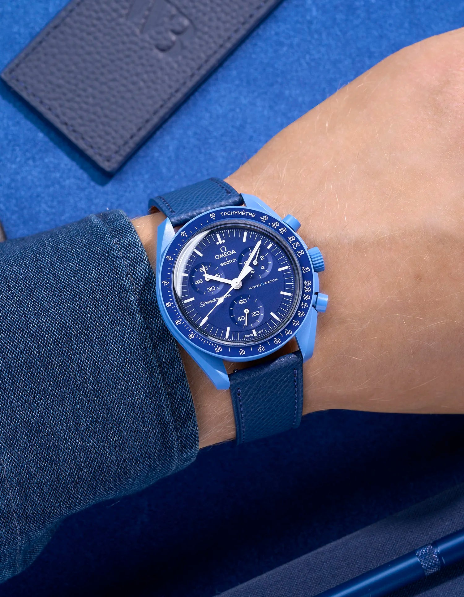 Navy Blue Epsom leather strap on Omega X Swatch MoonSwatch Mission to Neptune worn on wrist
