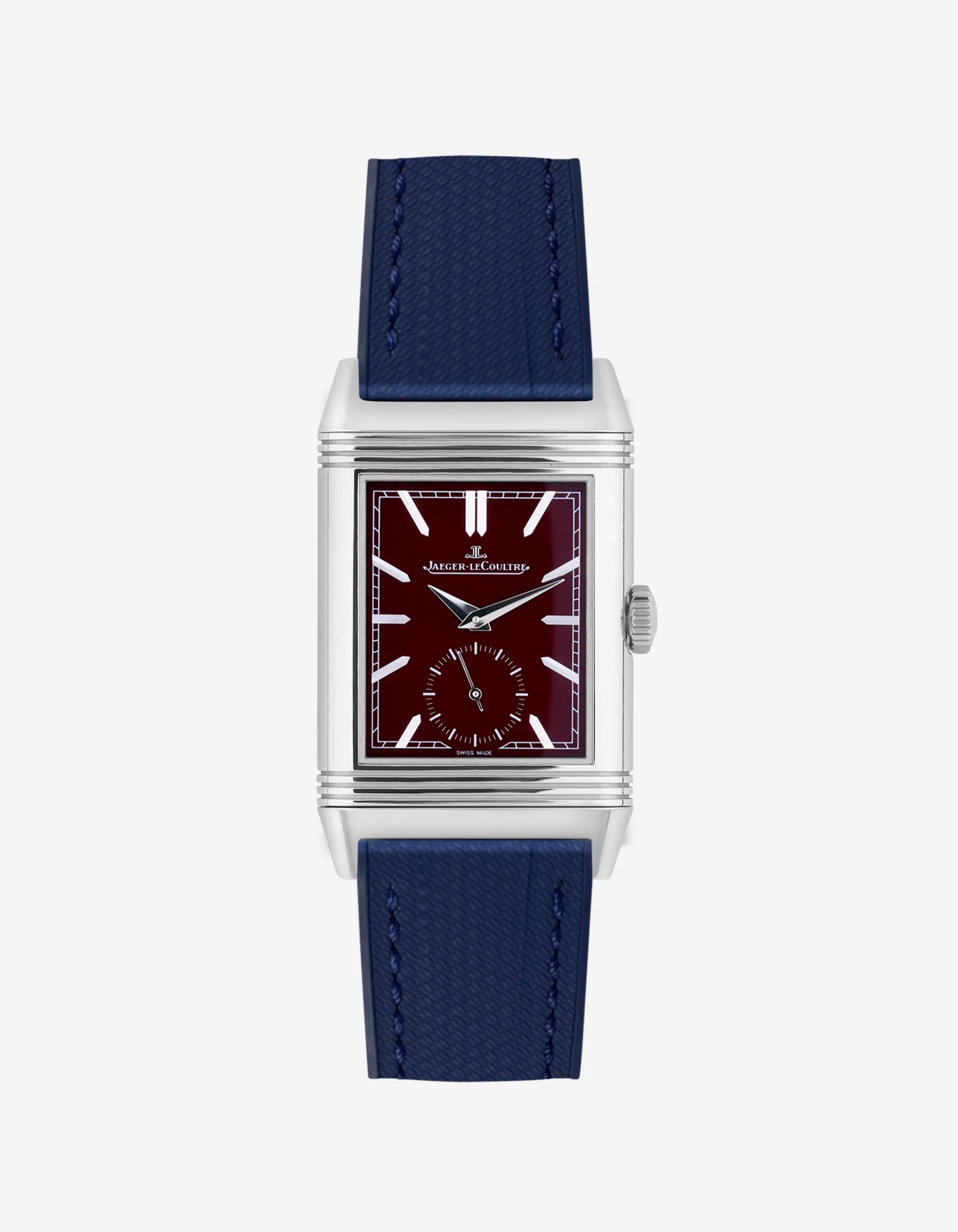 Navy blue FKM rubber strap mounted on Jaeger LeCoultre Reverso watch 20mm with polished buckle, front-facing image