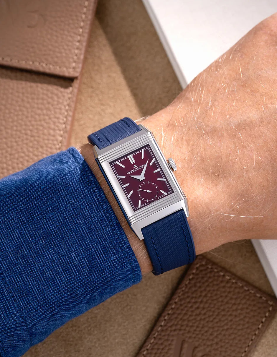 Navy blue FKM rubber strap for Jaeger LeCoultre Reverso 20mm shown on wrist with polished buckle