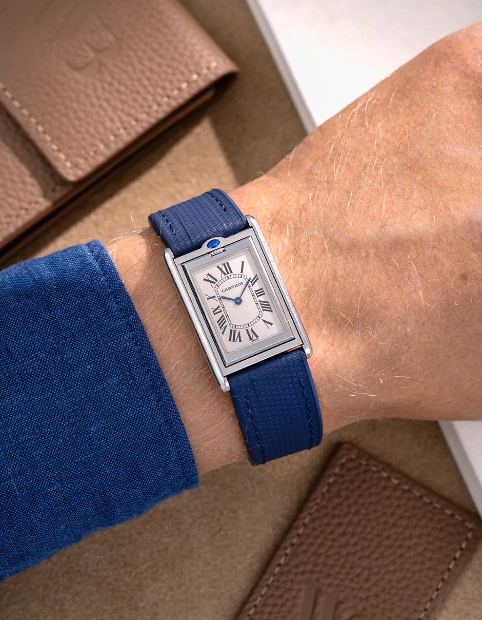 Wrist shot of Cartier Basculante with navy blue rubber strap 20mm – fitted with stainless steel clasp