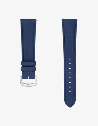 Navy blue rubberised sailcloth leather watch strap with buckle – flat lay view for 19mm or 20mm lugs