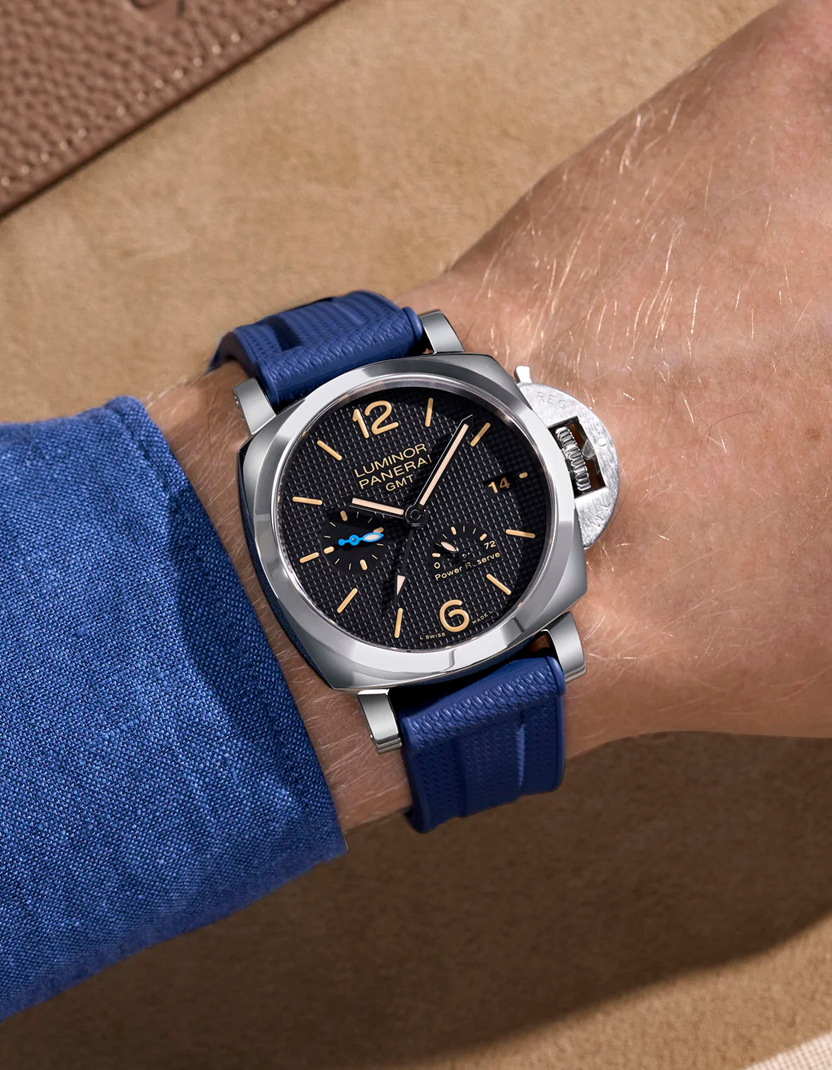 Wrist shot showing Navy Blue Vertech FKM rubber strap on Panerai Luminor GMT