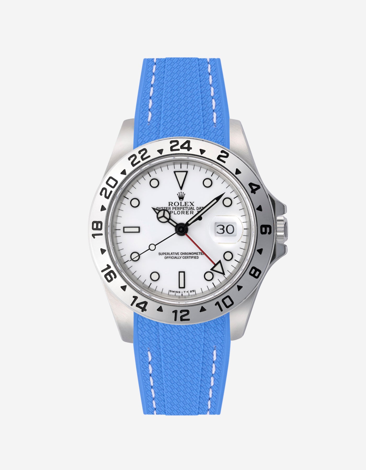 Rolex Explorer 16570 watch with white dial and on a neptune blue vertech rubber watch strap with gray background