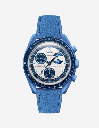 Close-up of Ocean Blue suede strap mounted on Moonswatch Mission to Super Blue Moonphase