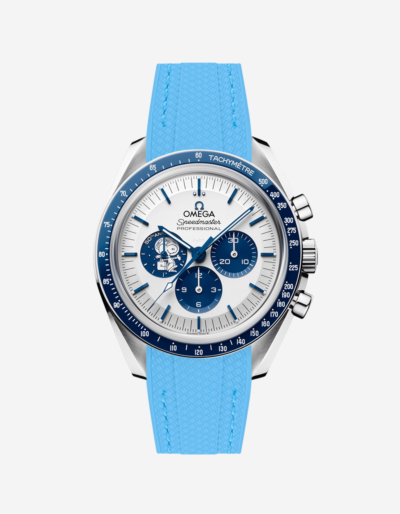 Omega Speedmaster Silver Snoopy Award fitted with Capri blue vertech rubber strap – front-facing product photo on white background by Wristbuddys