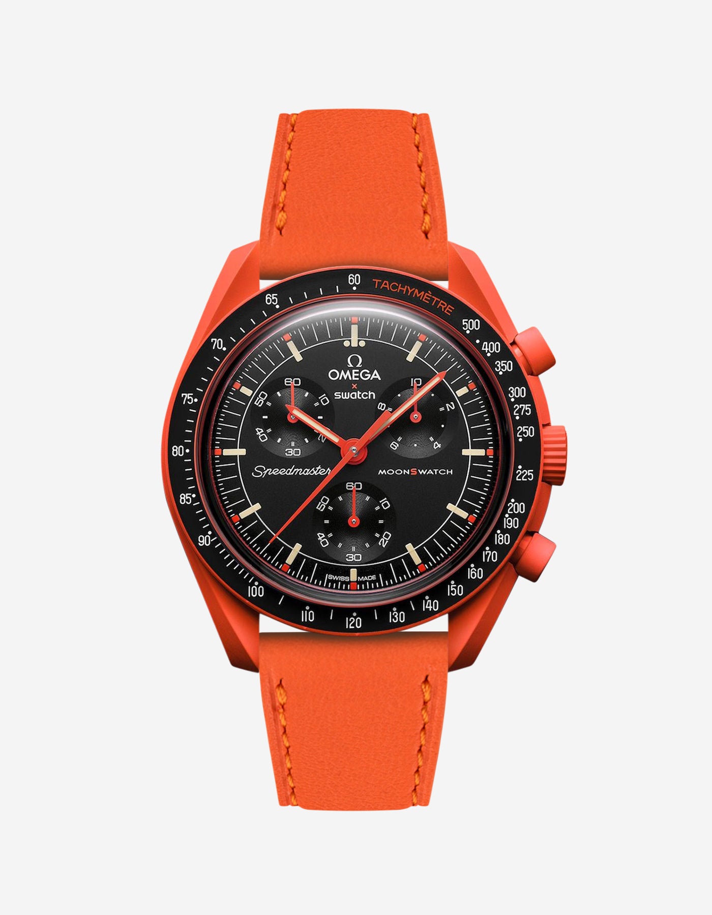 Orange Cowhide leather strap on Omega x Swatch Mission on Earth lava watch