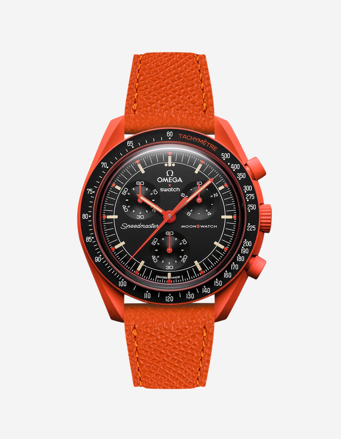 Orange Epsom leather strap on Omega x Swatch Mission on Earth lava watch