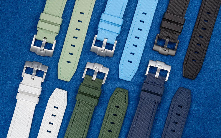 Colorful FKM rubber straps for Oris watches, compatible with 20mm to 24mm lug widths, displayed on blue background