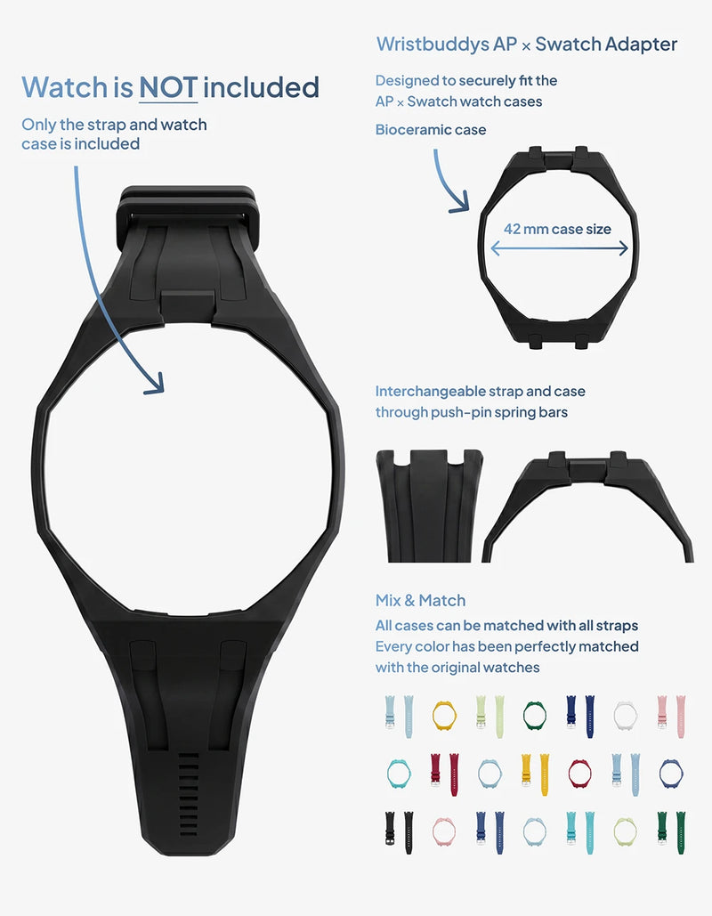 Wristbuddys AP x Swatch Royal Pop adapter, 42mm bioceramic case, push-pin spring bars, interchangeable rubber strap
