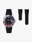 Black FKM rubber strap integrated with original clasp, shown on a Rolex GMT Master II 126710 Pepsi with Oyster case.