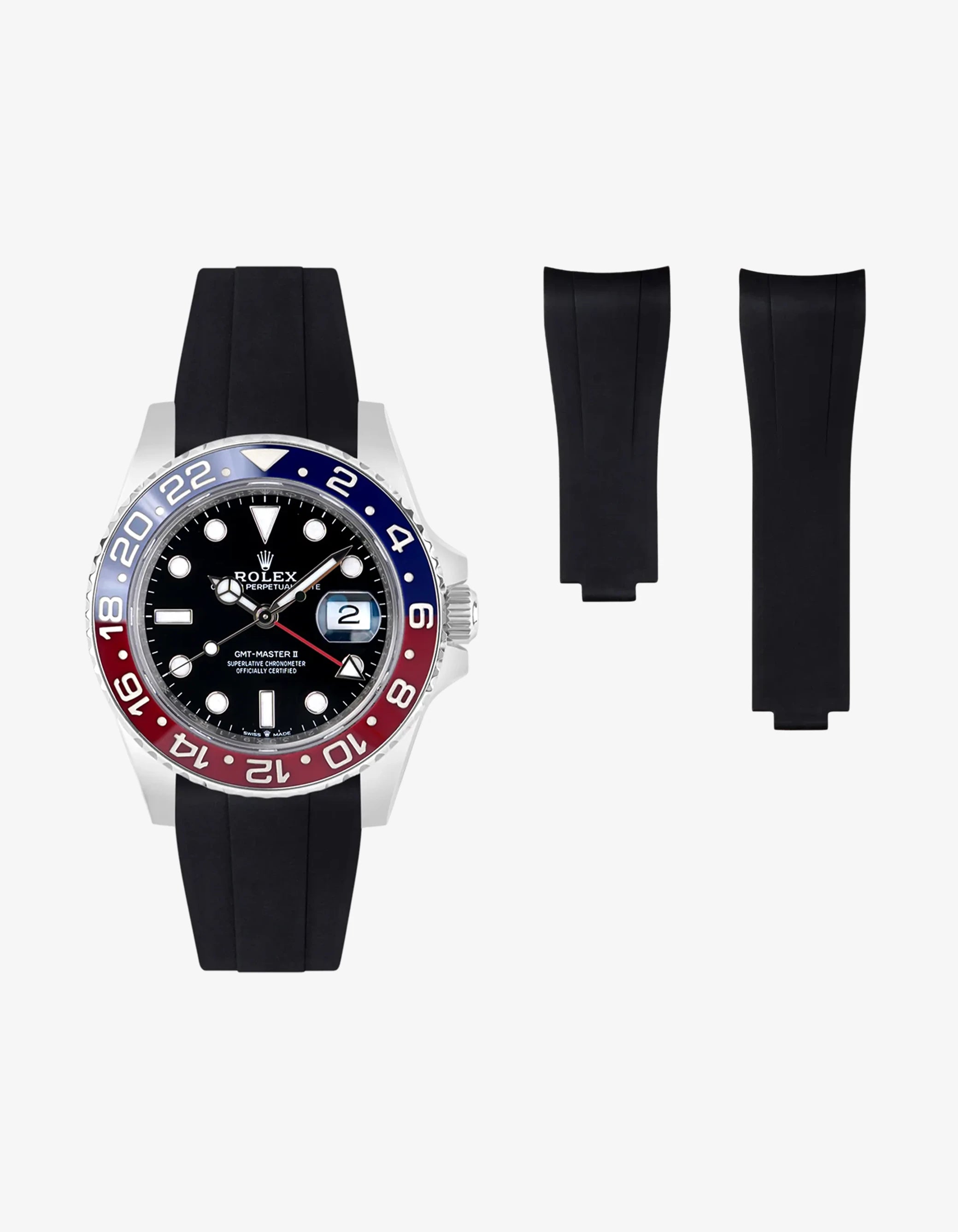 Black FKM rubber strap integrated with original clasp, shown on a Rolex GMT Master II 126710 Pepsi with Oyster case.